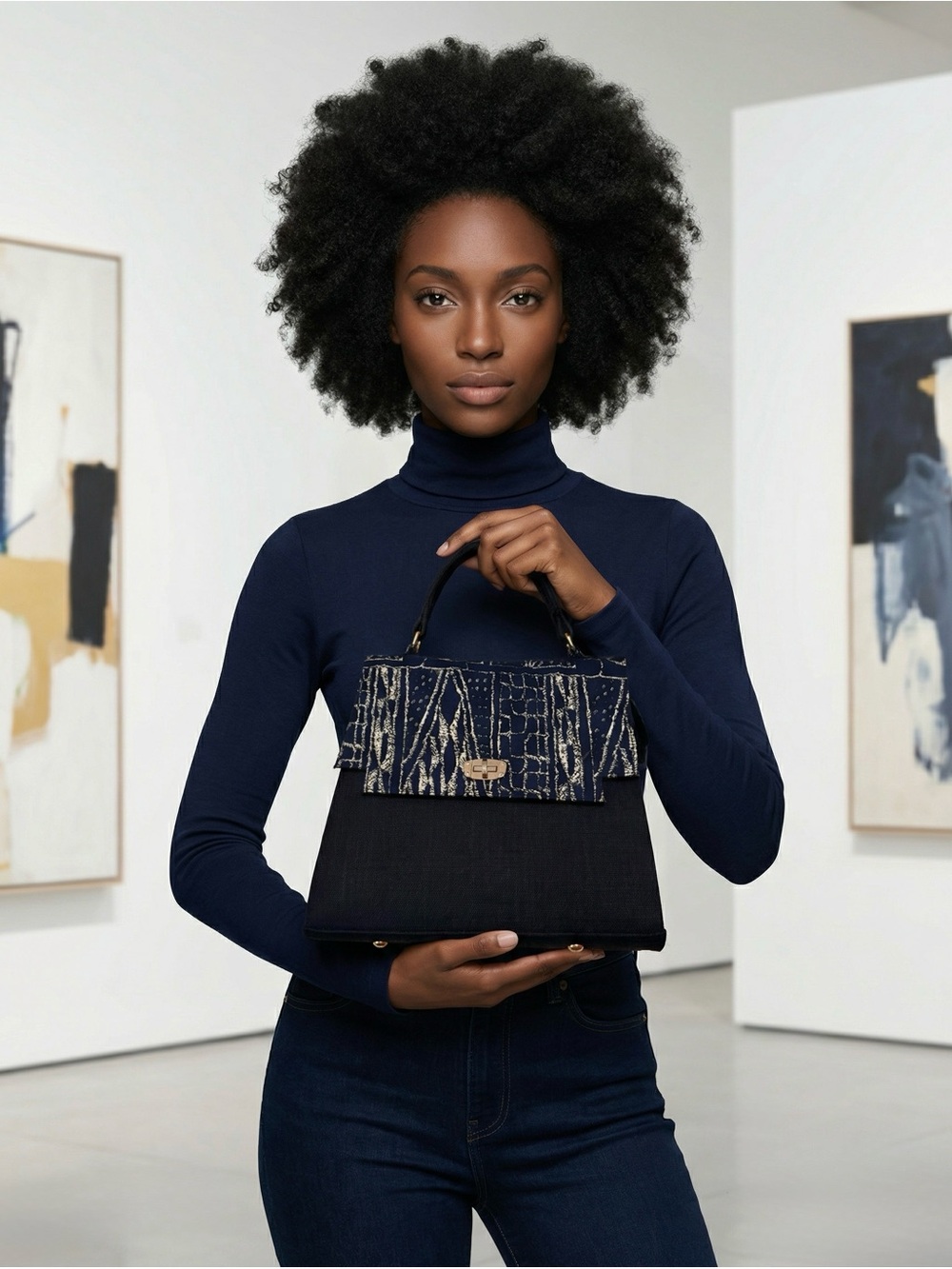 Ndop Bamileke Structured Navy Textured Top-Handle Satchel